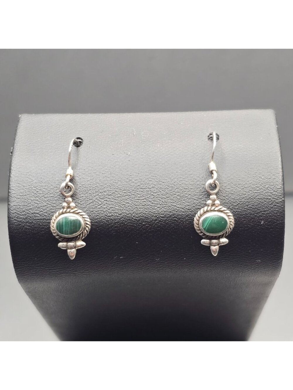 Vintage Sterling Silver Malachite Dangle Earrings 1" Southwestern